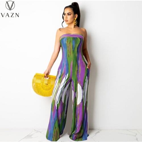 VAZN 2021 Early Autumn Chiffon Retro Joker Strapless Sleeveless Holiday Young Fashion Loose Women Wide Leg Jumpsuits