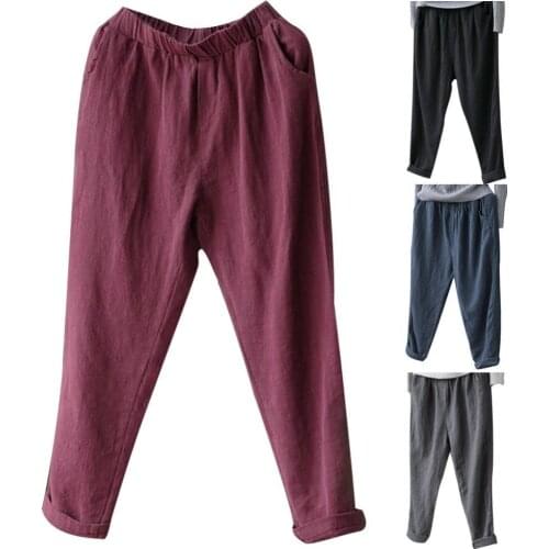50%HOTPlus Size Solid Color Women Cotton Linen Harem Pants Casual Baggy Loose Trousers