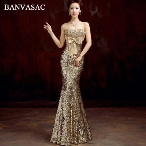 BANVASAC Strapless Sequined Mermaid Long Evening Dresses Elegant Big Crystal Bow Sexy Backless Party Prom Gowns