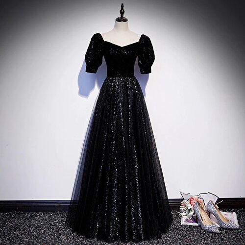 Shiny Black Cocktail Dress With Sleeves 2021 Sequin V-neck Sparkle Elegant A-line Tulle Party Birthday Guests Evening Prom Gowns