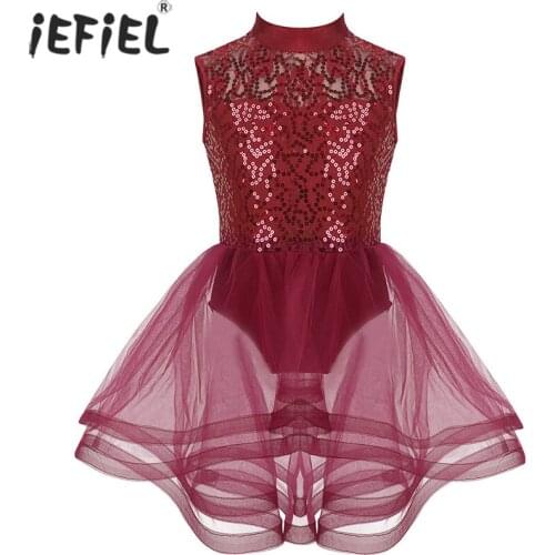 Kids Girls Sequins Mesh Ballet Dance Dress Gymnastics Leotard Figure Skating Dresses Sleeveless Keyhole Back Teen Dance Costume