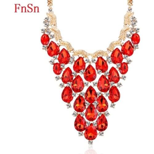 FnSn New Gold Chokers Crystal Statement Pendant Necklace Women Wedding Party Rhinestone Collar Water Drop jewelry Parure N153