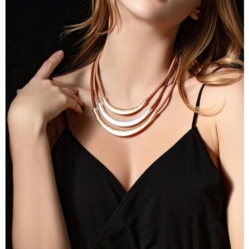 Amorcome Hot Sale Europe Design Geometric Metal Bar Multilayer Genuine Leather Choker Necklace Boho Short Collier Femme Gift