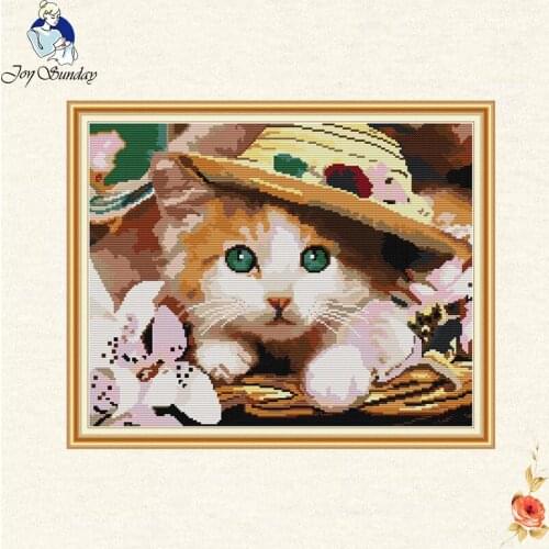 Joy sunday Lovely cat in the hat DIY Handmade Needlework Counted 14CT Printed Cross Stitch Embroidery Kit Set Home Decoration