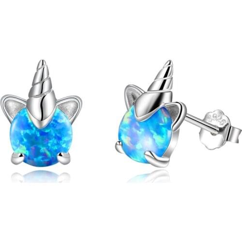 Creative Unicorn White Blue Fire Opal Stud Earrings For Women 925 Sterling Silver Animal Earrings Female Wedding Engagement Gift