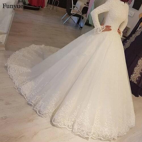 Dubai Arabic Muslim Lace Wedding Dresses 2021 Vestidos De Novia Full Sleeves Ball Gown Bride Dress High Collar Robe De Mariage