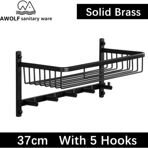 Brass Bathroom Basket Whith 5 Hooks Wall Mounted Kitchen Storage Rack Towel Hook Clothes Hanging Shower Shelf Black AZ5123