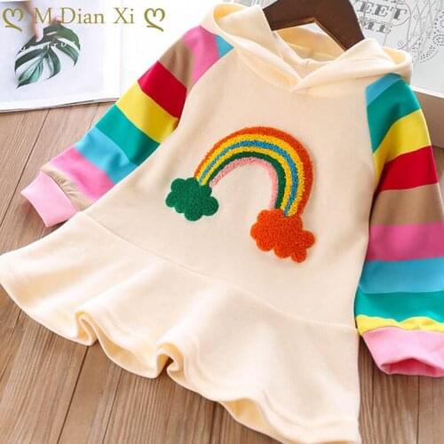 Girls Clothing Dress New Girls Rainbow Embroidered Print Rainbow Striped Long Sleeve Hooded Dress Princess Costume Dresses