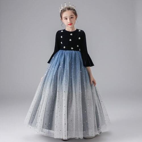 Flower Girls Dresses Princess Lace Sequined Ball Gown Pearls O-Neck Full Luxury Blue Floor-Length Tulle Kids Party Dress H010