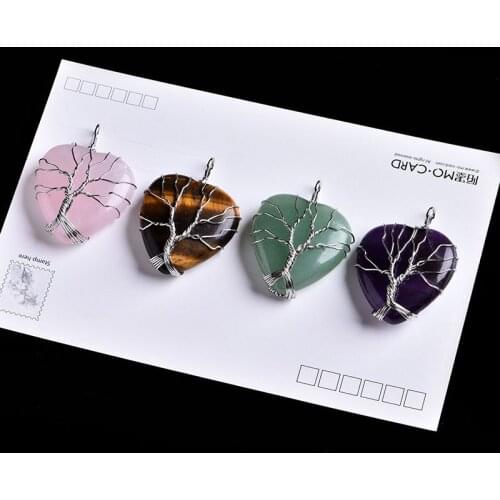 1PC Natural Crystal Mineral Ornament Heart Shape Tree of Life Pendant Guardian Couple Pendant Necklace Pendant DIY Gift Jewelry