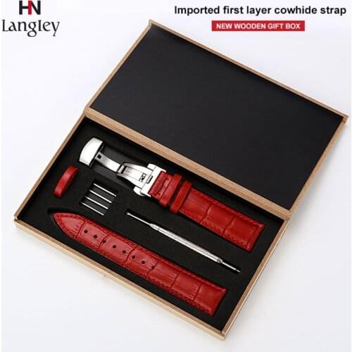 With Box Genuine Leather Watchbands 12-23mm Universal Watch Butterfly Buckle Band Steel Buckle Women Strap Belt 22mm watch band