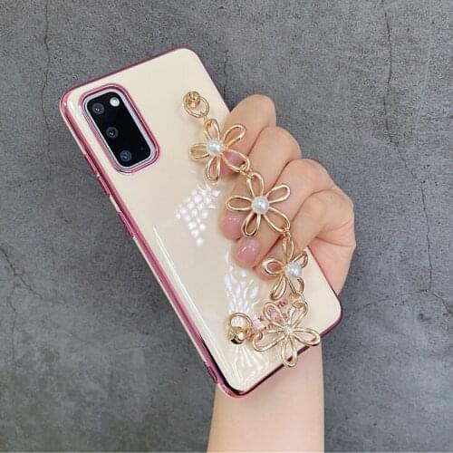 A02s Case Luxury Gold Plated Sun Flower Floral Glitter Pearl Bracelet Cover for Samsung Galaxy A70 A50 A71 A72 A51 A8 2018 A21S