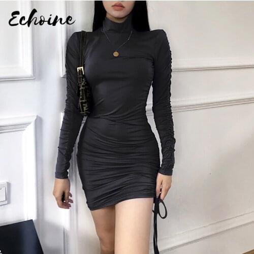 Long Sleeve High Neck Ruched Bandage Pleated Sexy Mini Dress Autumn Winter Women Fashion Streetwear Dresses Outfits Party Wear