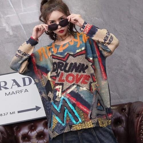 Hip Hop Style Letter Bronzing Knitted Pullover Elegant 2020 Autumn Korea Fashion Casual Large Size Sweater Top Tide