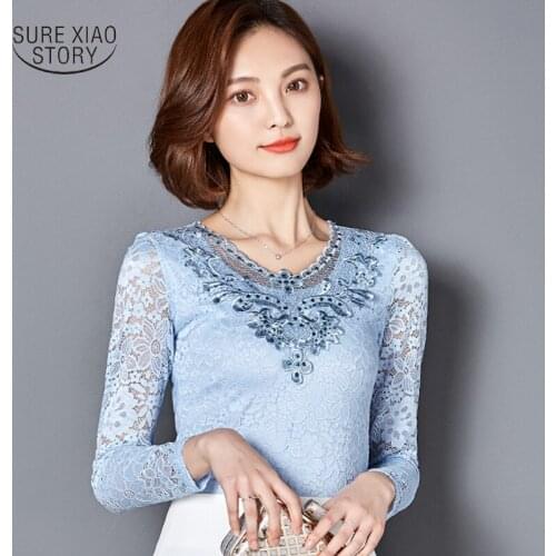 2017 Women Hollow out Crochet Diamond Lace Shirt Sexy Chiffon Blouse Plus Size Elegant Long sleeve Shirt Woman Blusas 918B 25