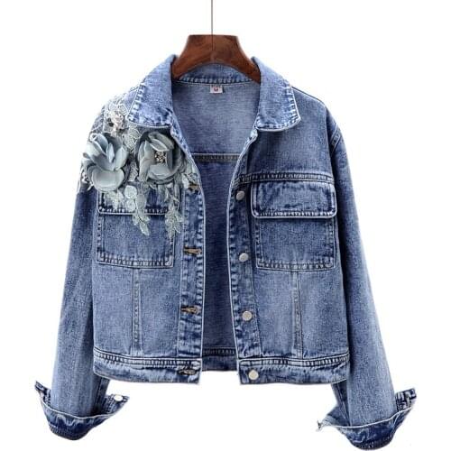 2020 Flower Beading Long Sleeve Chic Cropped Denim Jacket Top Quality Women Coat Chaqueta Mujer