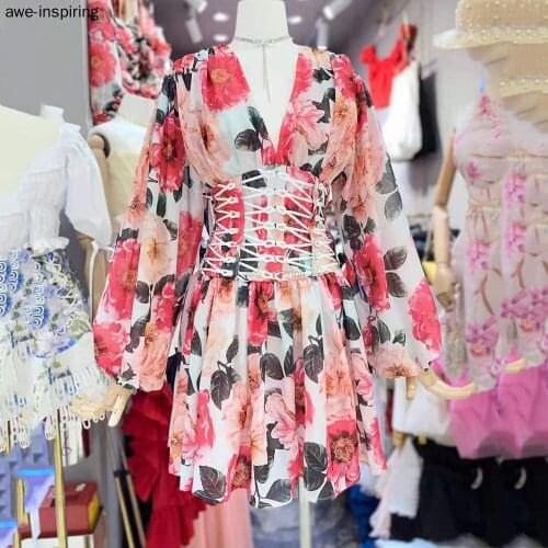 2021 Summer Women Floral Dress Black New Long Lantern Sleeve Korean V-Neck Mini High Quality Gorgeous White Runway Fashion