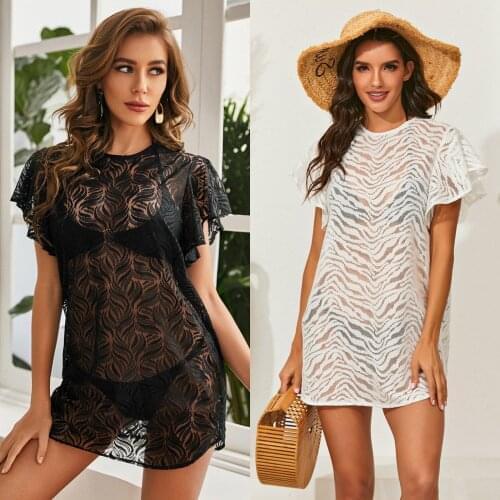 Womens Perspective Bikini Cover Up Tunic Beach Dress Hollowed Lace Tulle Mesh Ruffled Beach Smock Dress Bathing Suit Beachwear