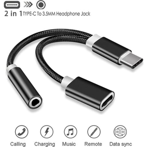 Nylon 2 In 1 Type-C To 3.5 mm Charger Headphone Audio Jack USB C Cable Type-C To 3.5mm Connector Adapter For Mobile Phone
