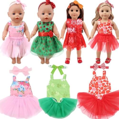 3Pcs/Suit Doll Dress Sling Dress Pink Red Love Print For 18 Inch American Doll &43 Cm New Reborn Baby,Our Generation Accessories