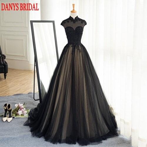 Black Long Lace Evening Dresses Party Tulle Beaded High Neck Beautiful Women Prom Formal Evening Gowns Dresses Wear