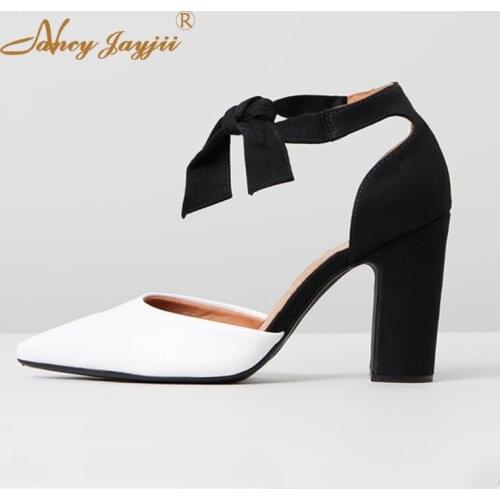 Black and White High Chunky Heels Sandals Woman Ladies Wedding Shoes Pointy Toe Lace Up Butterfly-Knot Large Size 11 12 Elegant