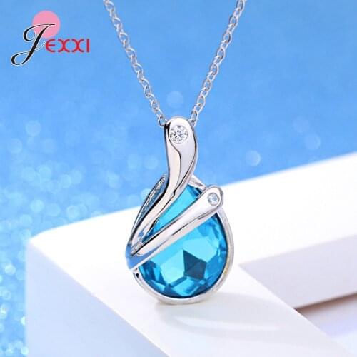 Choker Neck Ornament 925 Sterling Silver Jewelry for Mother Friend Gift Pretty Ocean Blue Cubic Zircon Water Drop Pendant/Chain