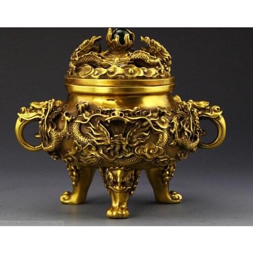 Collectible Chinese Brass Nine Dragons Kowloon incense burner26CM
