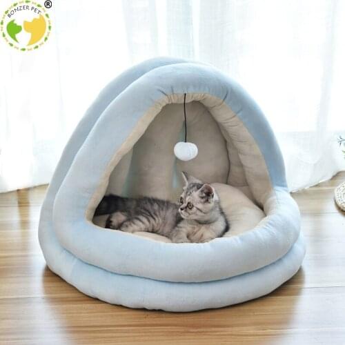 Bonzerpet Cat Bed Soft Plush Fur Deep Sleep Dog House Non-slip bottom Teddy Puppy Kitty Sofa