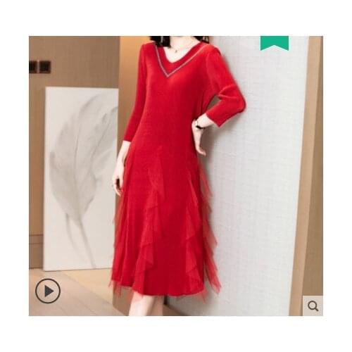 HOT SELLING Fashion Miyake fold solid dress three quarter v-neck Net yarn dress IN STOCK