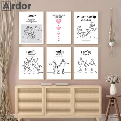 Sweet Family Custom Date Name Canvas Painting Gift DIY Anniversary Line Drawing Poster Pink Heart Art Print Nordic Home Decor