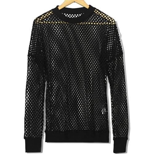 Long Sleeve Grid Personality Mens Blouse Openwork Perspective Net T-Shirt Harajuku T Shirt Hip Hop Streetwear T Shirt Men 2020