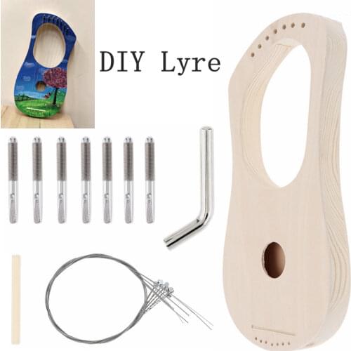 7 Strings Lyre Harp DIY Kit Solid Basswood String Instrument Handwork Painting Assembly for Amateur Beginner Kid Children