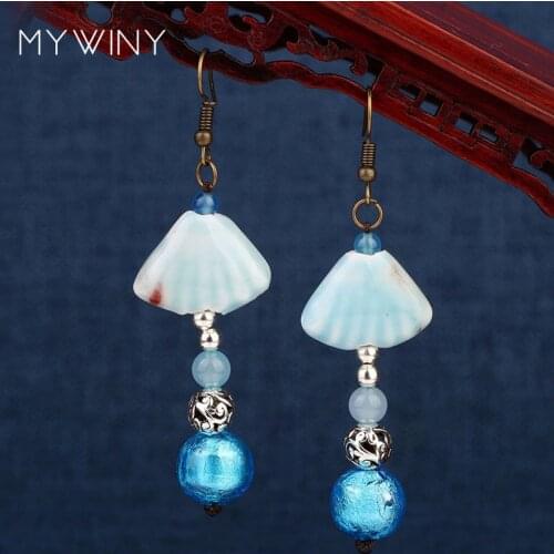 2 colors MYWINY New ceramic beads earrings green ,fashion vintage ethnic colored glaze earrings