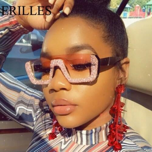 Diamond Semi Rimless Square Sunglasses Women Luxury Brand Designer Ladies Oversized Rhinestone Retro Sun Glasses Vintage Eyewear