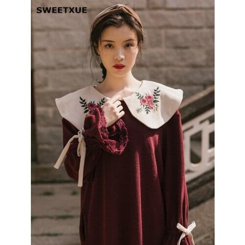 SWEETXUE Autumn Winter Dress Retro Knitted Embroidery Lace Patchwork Bow Doll Collar Loose Casual Dresses vestidos