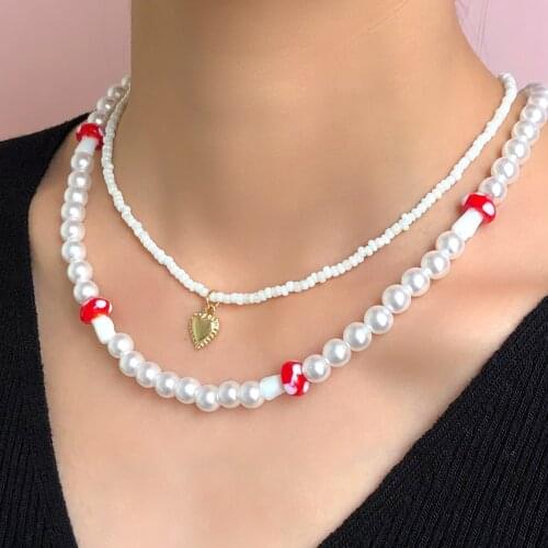 2 Pcs/Set Imitation Pearl Gold Love Pendant Beaded Necklace Women Mushroom White Bead Strand Choker Collar Bohemian Jewelry 2021