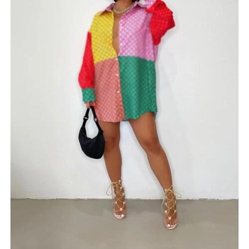 Sexy Contrast Color Fashion Ladies Mid-length Shirt Dress Plus Size Maxi Dresses for Women Drop Shipping