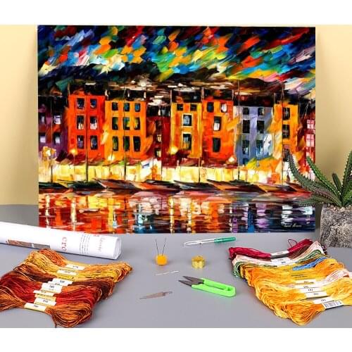Portino Liguria, Italy Pre-Printed 11CT Cross Stitch Full Kit Embroidery DMC Threads Sewing Painting Hobby work Mulina