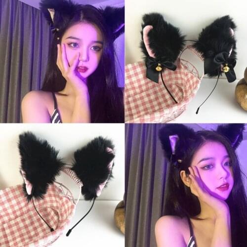 Cat Ears Headband Plush Furry Cute Cat Ears with Bow Bell Chocker Fluffy Headwear Kitten Necklace for Party Halloween
