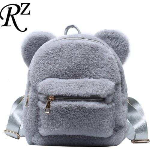 Bear Ears Plush Women Backpack Faux Fur Shoulders Bag Cute Furry Women Bag Mini Girl Backpacks NEW Winter Bags For Women 2020