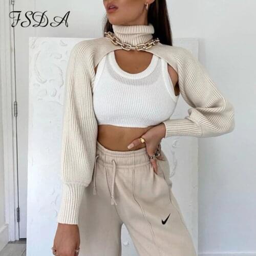 FSDA 2021 Sexy Crop Sweater Women Long Sleeve Turtleneck Autumn Spring Casual Top Jumper Black Fashion Knitted Pullover White