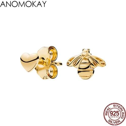 Anomokay Hot Genuine 925 Sterling Silver Lovely Gold Bee Stud Earrings Fine 925 Silver Animal Earrings for Women Jewelry Bijoux