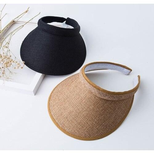 Women Ladies Straw Hat Empty Top New Womens Summer Hat UV Sun Protection Outdoor Sports Fishing Wide-brimmed Solid Beach Cap