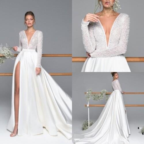 2020 Side Split Wedding Dresses V Neck Long Sleeve Beads Lace Wedding Gowns Sweep Train Plus Size Bridal Dress
