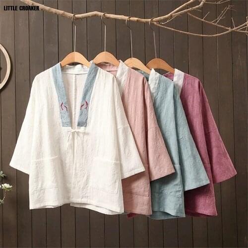 Woman Traditional Chinese Blouse Clothing Cardigan Women Shirt Vintage Embroidery Coats and Jackets with Pockets Oriental Top