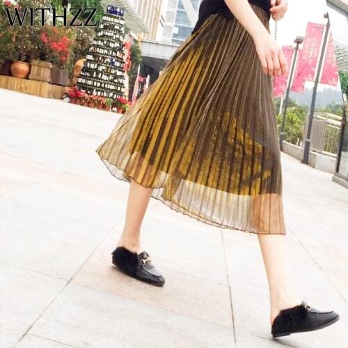 WITHZZ Spring Summer Pleated Woman Mesh Tulle Skirts Long Paragraph Retro Womens Harajuku Beach Skirt