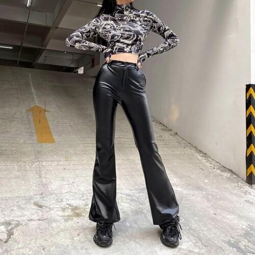 Women Casual Fashion PU Leather Trousers Long Flare Pants High Waist Slim High Elastic Wide Leg Pants Capris Fall 2021 Clothing