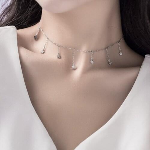 White Cubic Zircon Starry Star Charms Necklace for Women Girls Sterling 925 Silver Tassel Necklace Delicate CZ Choker