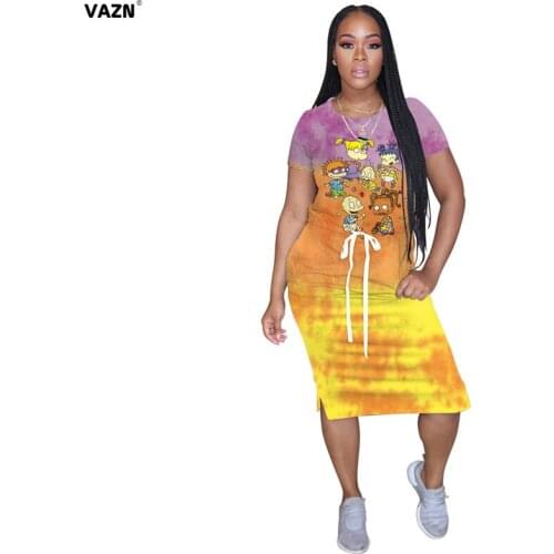 VAZN 2020 New High Quality Soft Fabrics Sexy Young Daily Regular Style Waist Braid Top Short Sleeve Women Thin Midi Dress